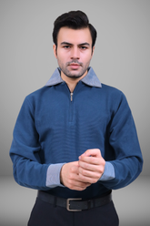 Azurite Blue Quarter Zipper Knitted Shirt with Jacquard Collar